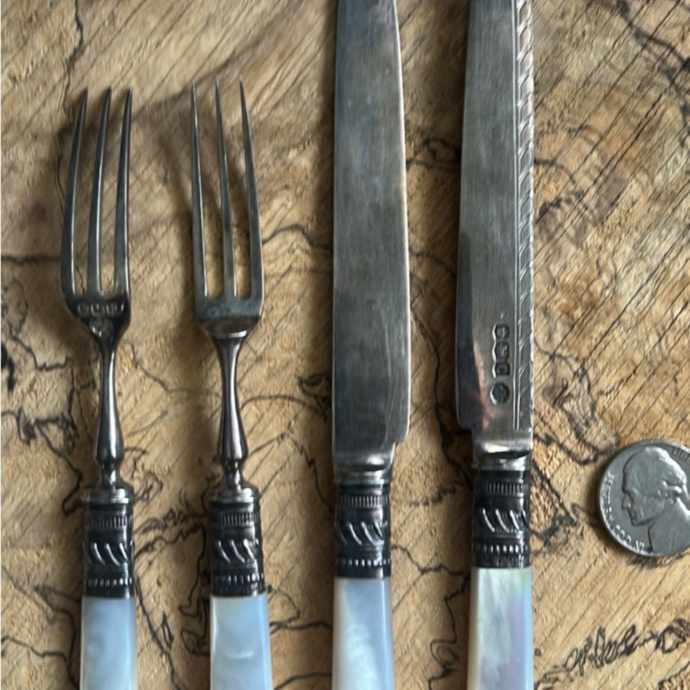 Rare old sterling silver bladed dessert knifes and forks with mother of pearl
